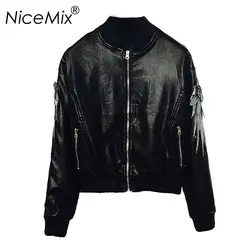 NiceMix осень 2019 г. куртка из искусственной кожи для женщин панк мотоцикл курточка бомбер крылья Вышивка Уличная Casaco Feminino