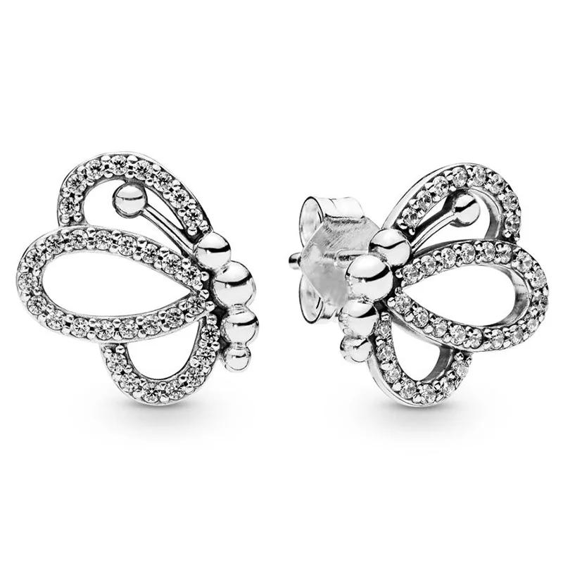 

2019 Spring Real 925 Sterling Silver Butterfly Outlines Original Europe Stud Earrings For Women Bead Charm Gift DIY Jewelry