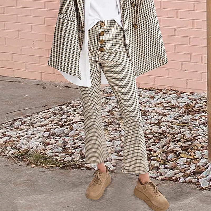 

Melegant High Waist Casual Plaid Women Pants Vintage Houndstooth Button Autumn Winter trousers Office Feminino Ankle Length