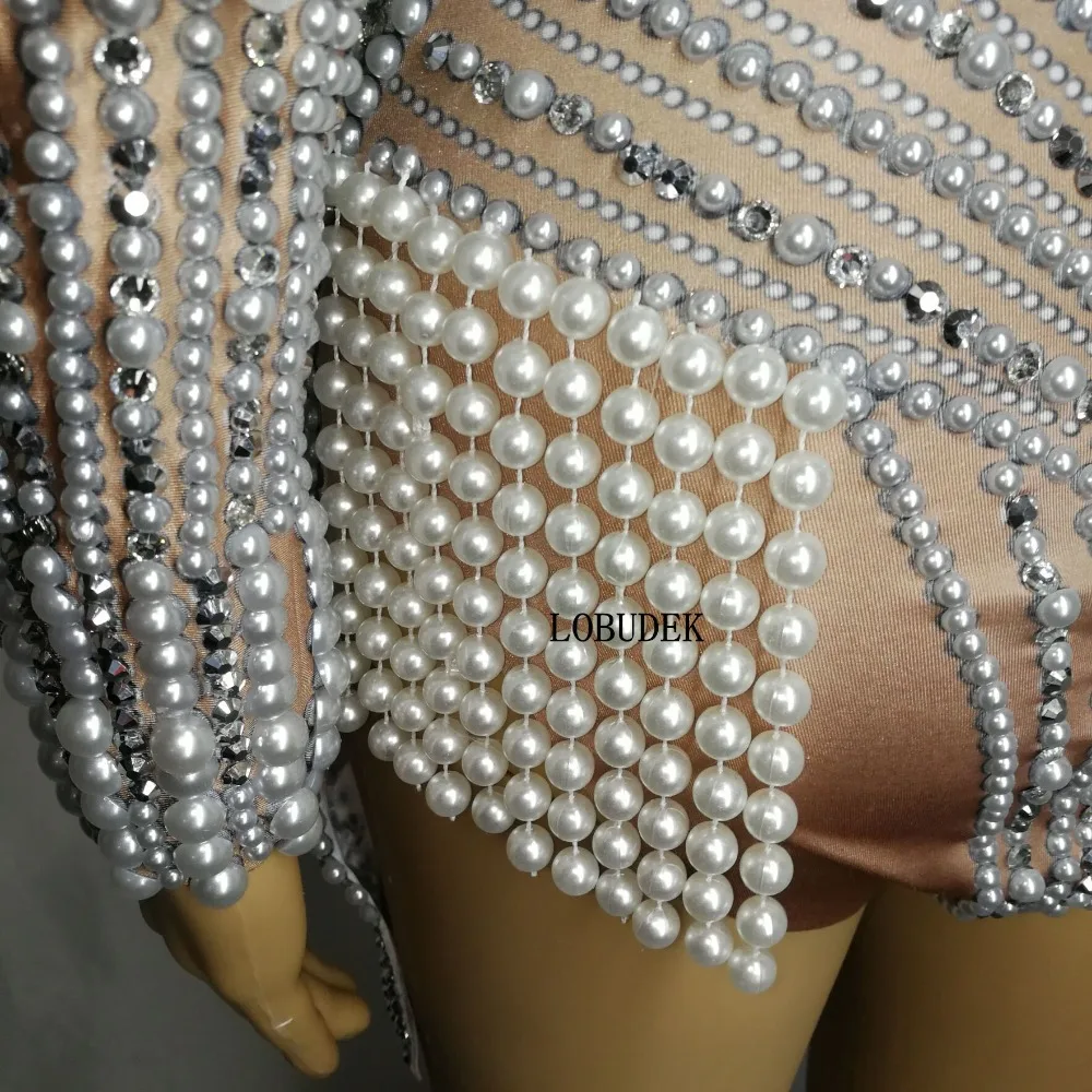 Для женщин Роскошные танцевальные Костюмы серебряные стразы жемчуг с рукавом в форме лепестка боди секспаильные джазовый танцевальный костюм чирлидерши вечерние костюм для выступлений