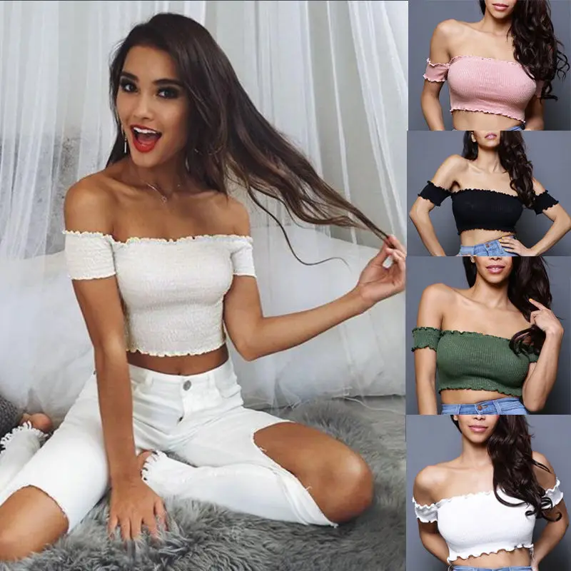 

Summer Women Ladies Clothing Tops Off Shoulder Top Vest Solid Brief Short Sleeve Crop Tops Shirt Women Clothes