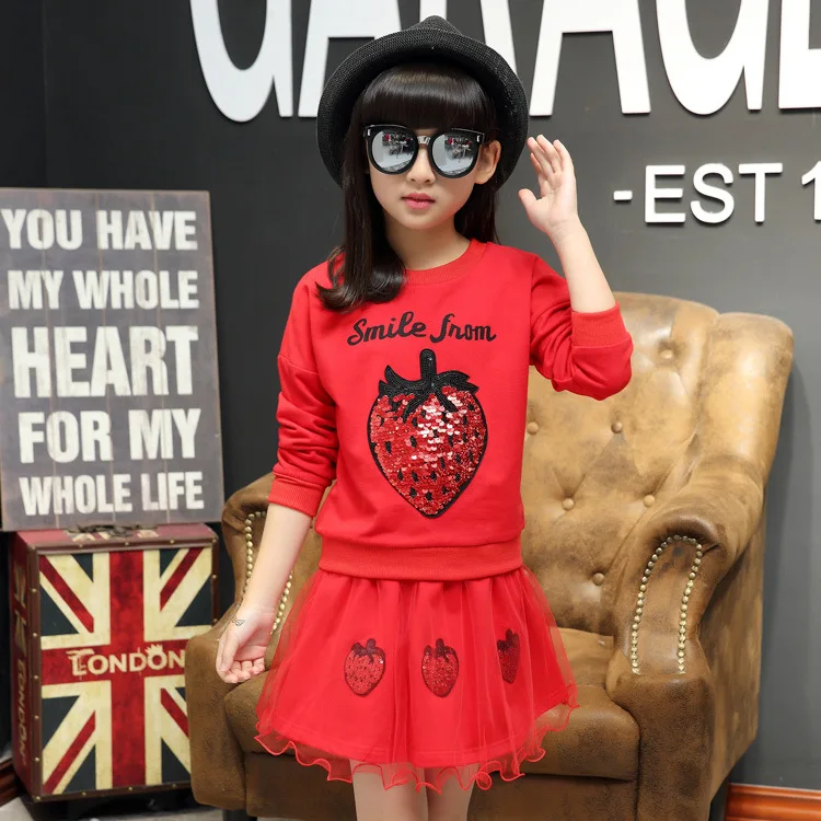 

Children's clothing set 2019 new spring and autumn cotton casual two-piece suit long-sleeved clothes + skirt 3-12 years old