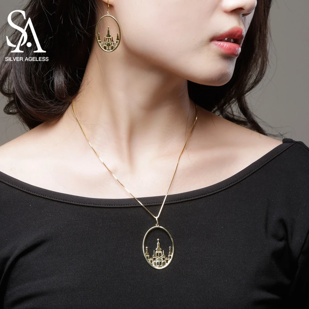 

SILVER AGELESS 925 Sterling Silver Oval Pendant Necklaces Drop Earrings Jewelry Sets for Woman Gold Color Silver Jewelry Sets