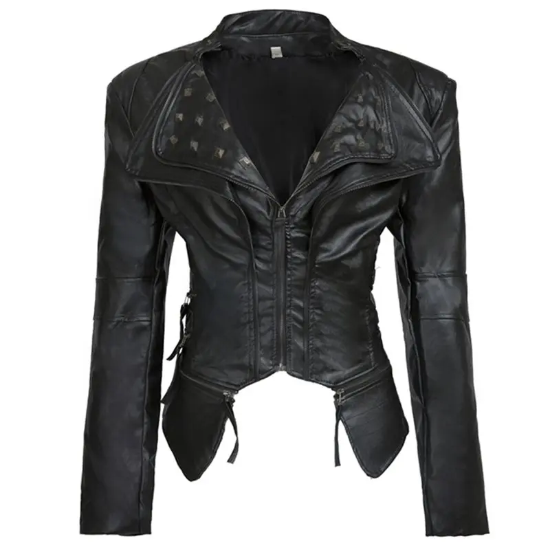 

Casual Plus Size Gothic Winter Chic Jackets Women PU Overcoats Slim Plain Rivet Zipper Autumn Outwear Cool Black Female Coats