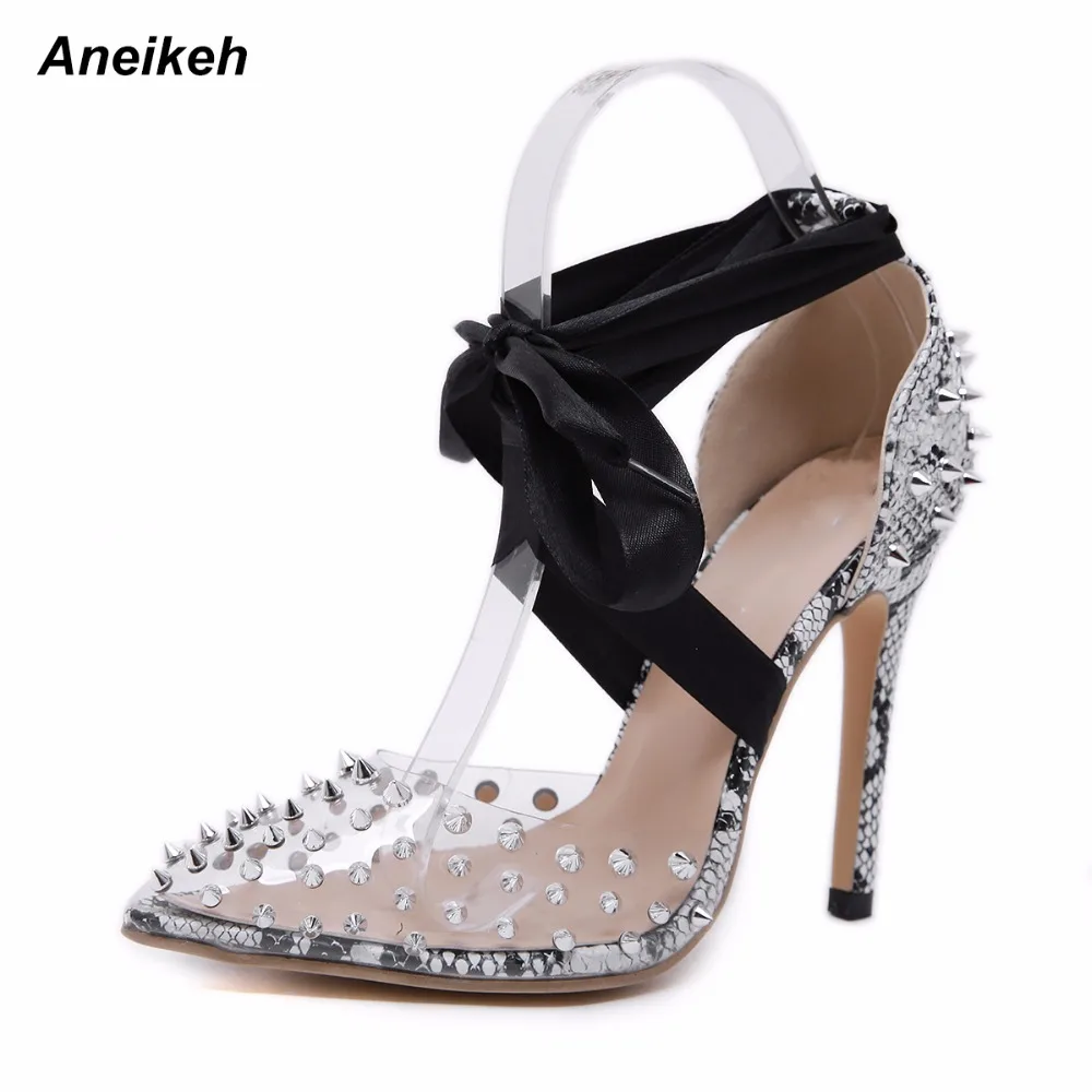 

Aneikeh 2019 Elegant PVC Women Sandals Serpentine Transparent Rivet Thin High Heels Pumps Pointed Toe Cover Heel Wedding Black40