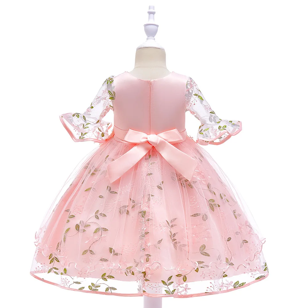 Berngi/детское газовое платье принцессы с расклешенными рукавами и вышивкой для девочек; детское платье с вырезом, украшенное бисером; одежда для свадьбы, дня рождения, вечеринки
