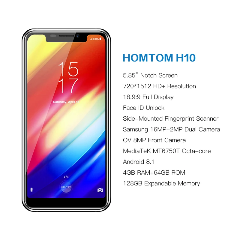  HOMTOM H10 Notch Screen 4GB 64GB Mobile Phone Android 8.1 Face ID 4G 5.85'' Octa Core 3500mAh 16MP 