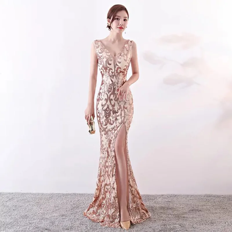 

D055 rose gold sequined v-neck sleeveless summer long floor length dress
