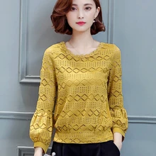 Новая женская кружевная Корейская футболка с длинными рукавами Свободная большая