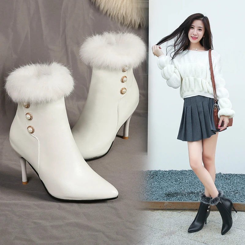 Botines blancos de pelo de conejo auténtico para con perlas, botas finas de tacón alto, zapatos de punta estrecha, talla 34 43, Invierno|Botas hasta el - AliExpress