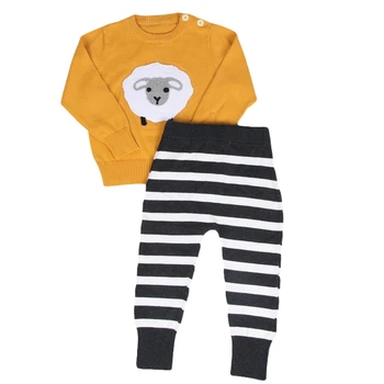 

Kids Clothing Sets 2018 New INS Hot Sheep Embroidery Knitted Sweater Sets Yellow Pullovers Black White Striped Pants 12M-5Y CS21