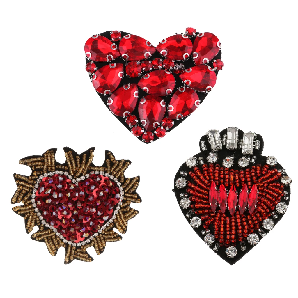 3 Pieces Beaded Crystal Love Heart Badge Applique Patch Sew On Patch DIY Sewing Accessories