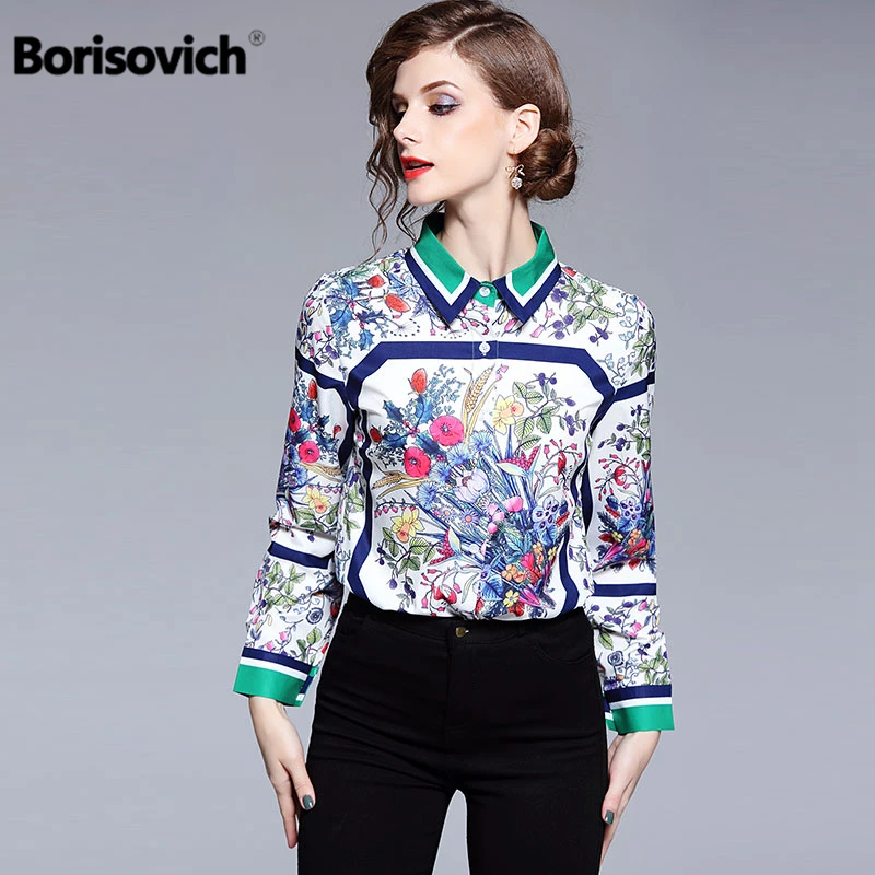 

Borisovich High Quality Vintage Print Female Shirt New Brand 2018 Autumn Turn-down Collar Elegant Women Blouses Shirts M759