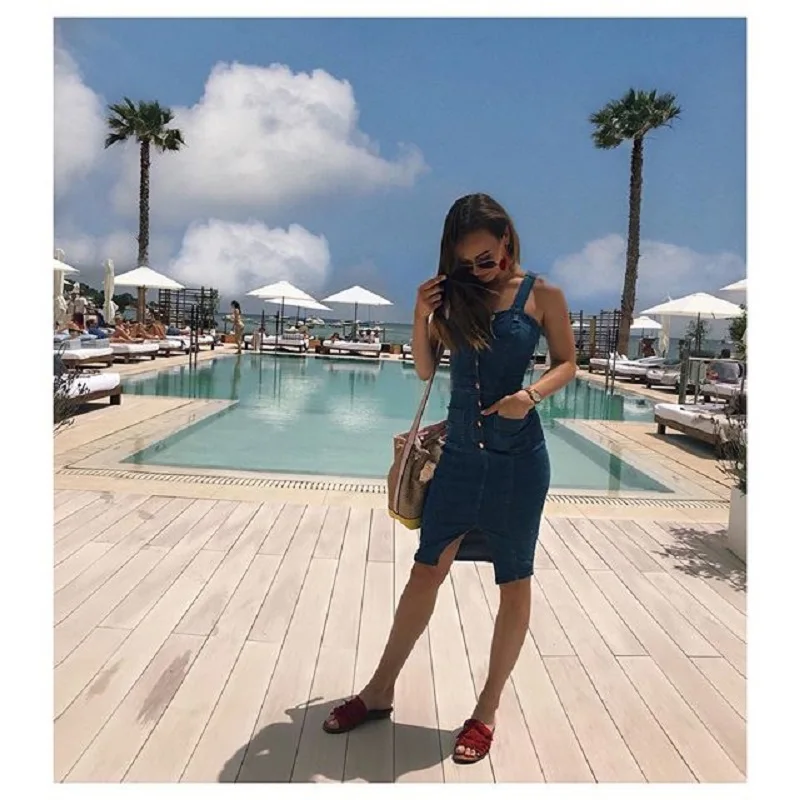 Sexy Blue Denim summer Dress Women befree Brand Slim Jeans Dresses One piece Cowboy vintage Pocket Button Bodycon dress Vestidos