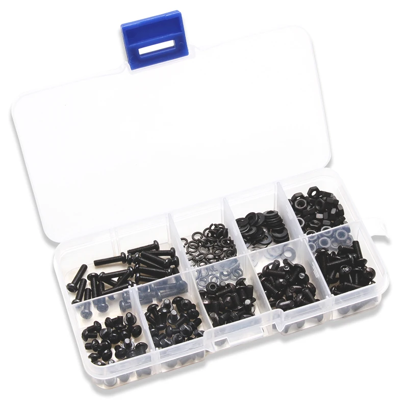 

300PCS Black Round M3* 4/5/6/8/10/12 Head Hex Socket Bolt Nut Flat Pad Washers Spring Kit Assortment with Box