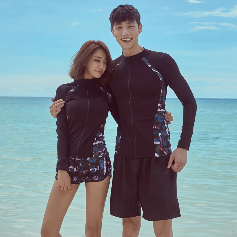 

Surf Swimwear Couples Patchwork Cropped Print Rash Guard Women Men Swim Shirt Long Sleeves Swimsuit Surfing Clothes For Lovers