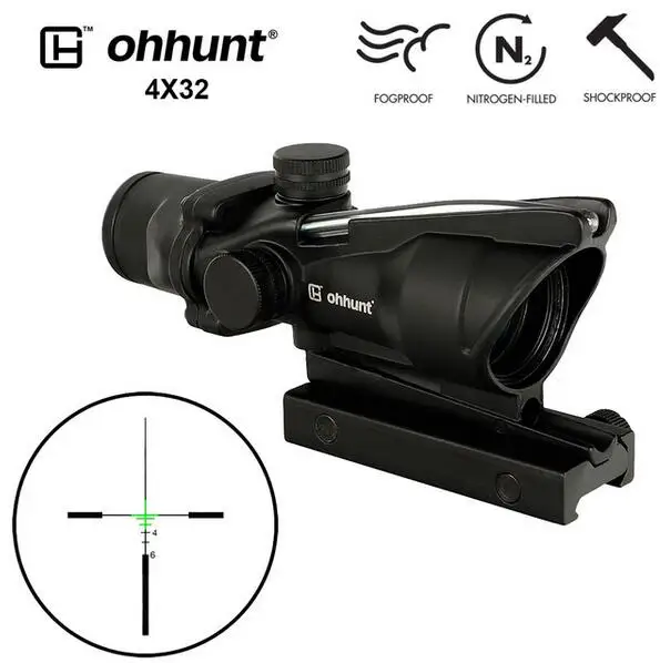 Ohhunt Охота 4X32 ACOG реальный оптоволоконный прицел BDC шеврон Подкова Сетка тактические оптические прицелы для cal. 223. 308 печать логотипа - Цвет: Reticle NO.1 GREEN