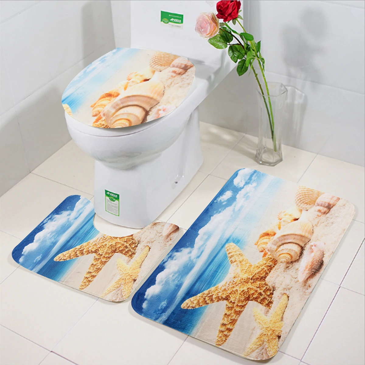

3Pcs Bathroom Toilet Mat Set Beach Star Fish Sea Shell Pattern Anti Slip Pedestal Toilet Seat Mat+Lid+Bath Mat Washable Rugs
