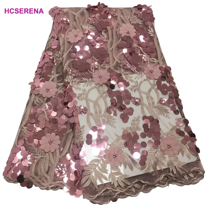 

New French embroidered tulle lace fabric with 3D flowers,African net lace Rose gold sequin lace fabric for party dress.5yards