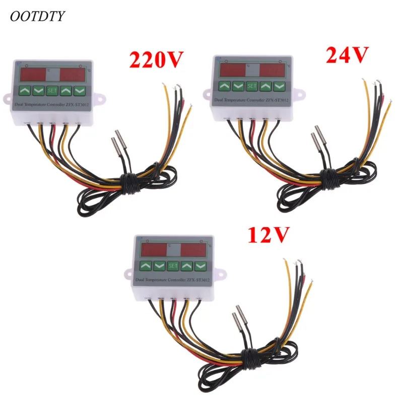 OOTDTY 220 В, 12 В, 24 В постоянного тока, цифровой двойной регулятор температуры Термостат для инкубатора двойной зонд