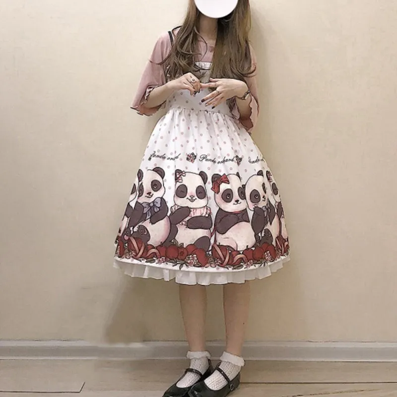

Summer Kawaii Black Dress Women Lolita Lace Christmas Red Strap Dresses Cute Panda Vintage Plaid Sleeveless Girls Tutu Dress