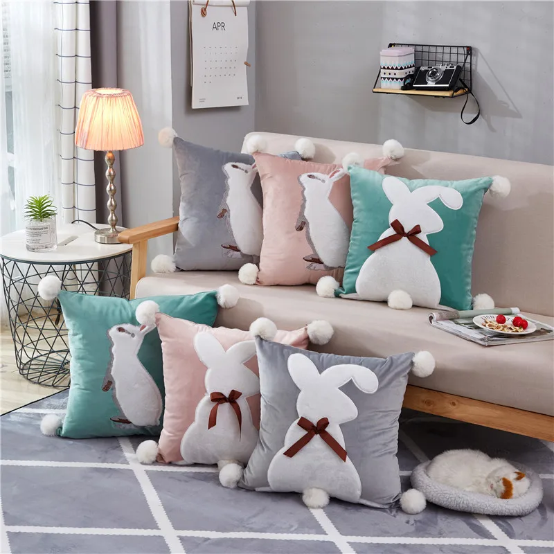 

2019 New Cute Rabbit Embroidered Pillowcase Plush Ball Bow Pillow Cover Square Throw Cushion Cover For Sofa Chair Car Decoration