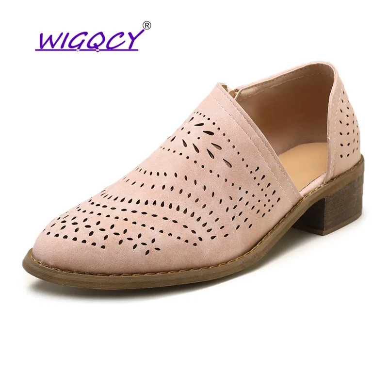 Women Pumps Side Hollow Square Low Heel Woman shoes Boat Shoes Retro Vintage out Slip On women Casual female | Обувь