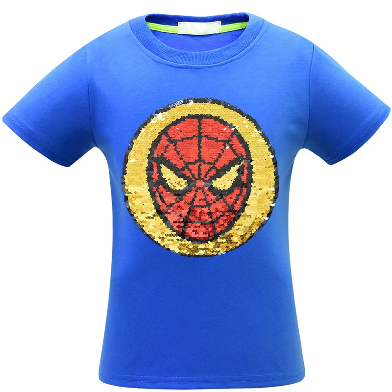 Футболка с короткими рукавами и круглым вырезом для мальчиков и девочек с принтом «Мстители 4», «Железный человек», «Человек-паук», обесцвечивающая блестками - Цвет: 3487 blue