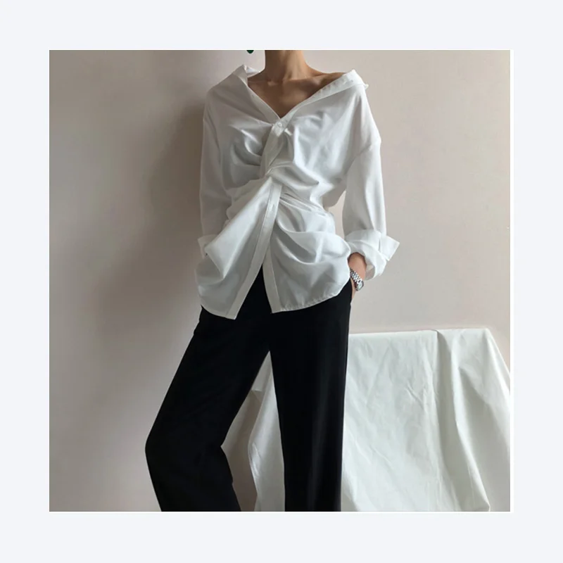  SuperAen Irregular V-neck Shirt Women Spring 2019 New Solid Color Cotton Women Blouses and Tops Fas