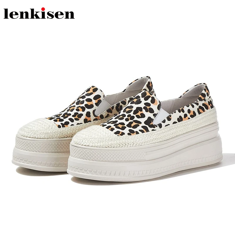 

Lenkisen horsehair round toe high heels bottom flat platform loafers concise style women fashion leopard vulcanized shoes L88