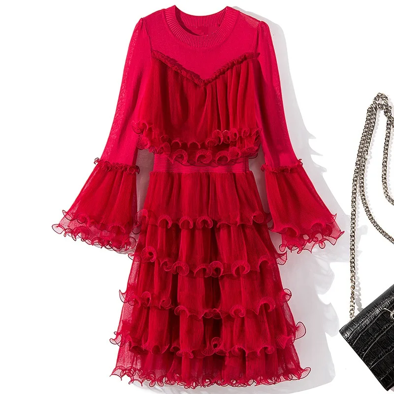 ^*Best Offers 2019 Spring Fashion Sweater Dress High Quality Women Knitted Mesh Patchwork Flare Sleeve Cascading Ruffle Dress White Red Black ^*Best Offers 2019 Spring Fashion Sweater Dress High Quality Women Knitted Mesh Patchwork Flare Sleeve Cascading Ruffle Dress White Red Black