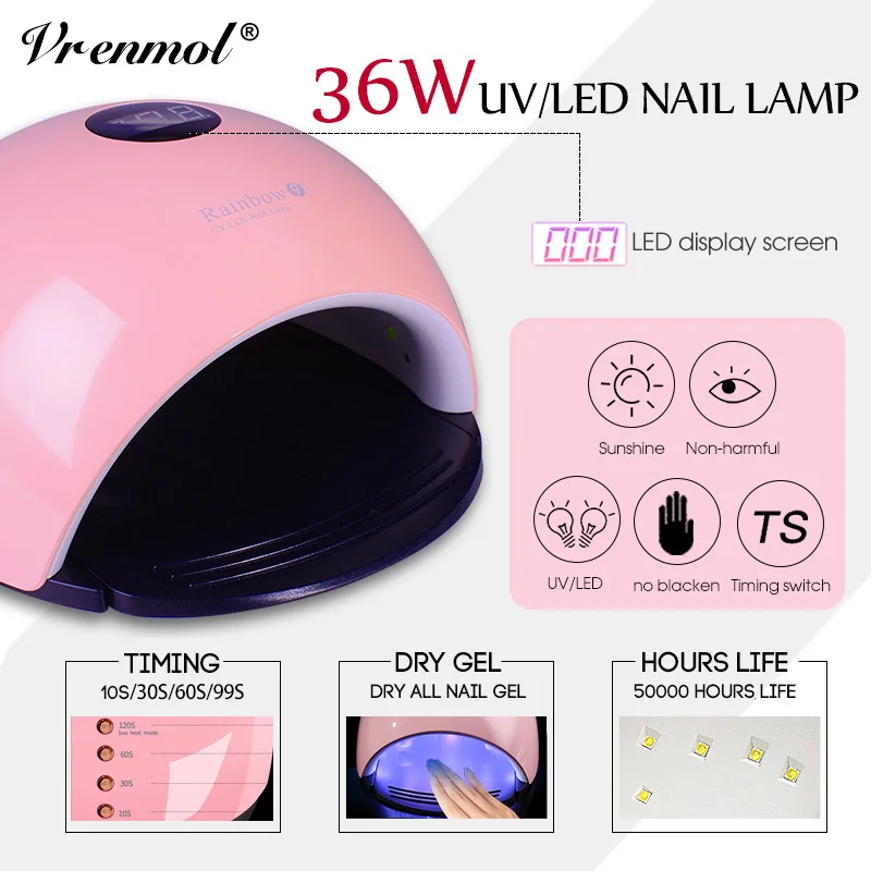 

Vrenmol UV LED Lamp for Nails Dryer Sun Light Lamp for Manicure 36W Smart LCD Display for All Gel Nail Polish Nail Art Tools