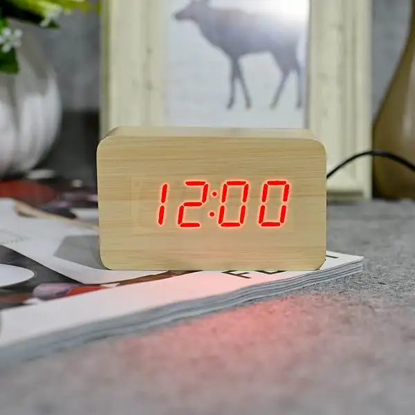 bamboo red FiBiSonic деревянные будильники, термометр деревянный светодиодный цифровой голосовой стол, электронные мини-часы - Цвет: bamboo red