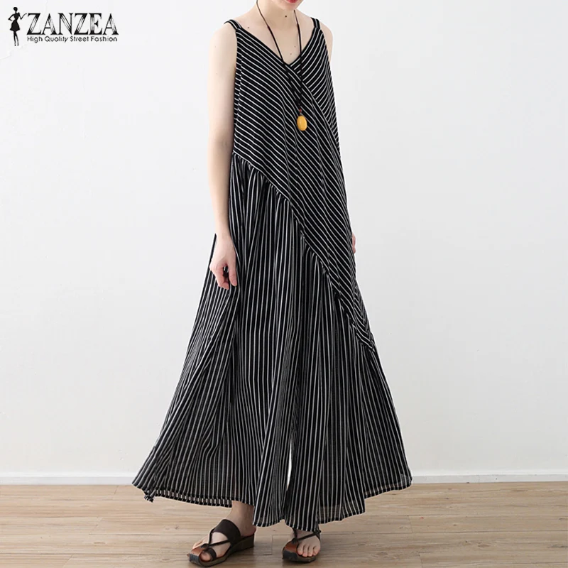 

2019 ZANZEA Casual Striped Romper Women Jumpsuit Sexy V Neck Strap Patchwork Playsuit Female Wide Leg Trousers Lady Overalls 5XL