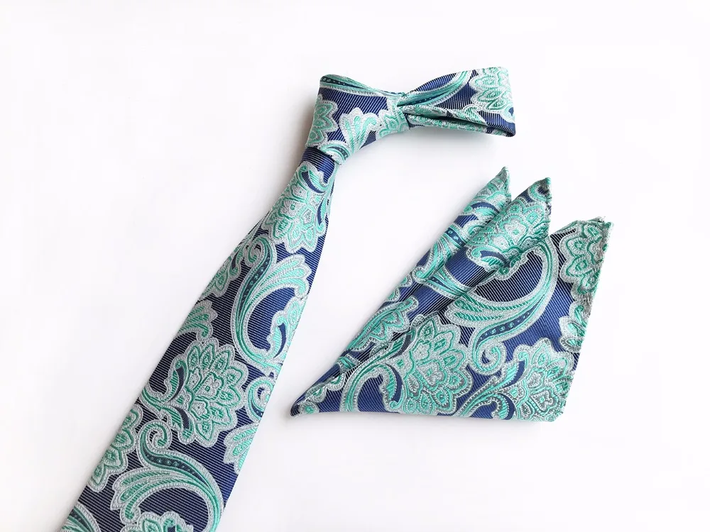 Дизайнерский мужской галстук Hanky Sets синий с мятно зеленым цветочным галстуком