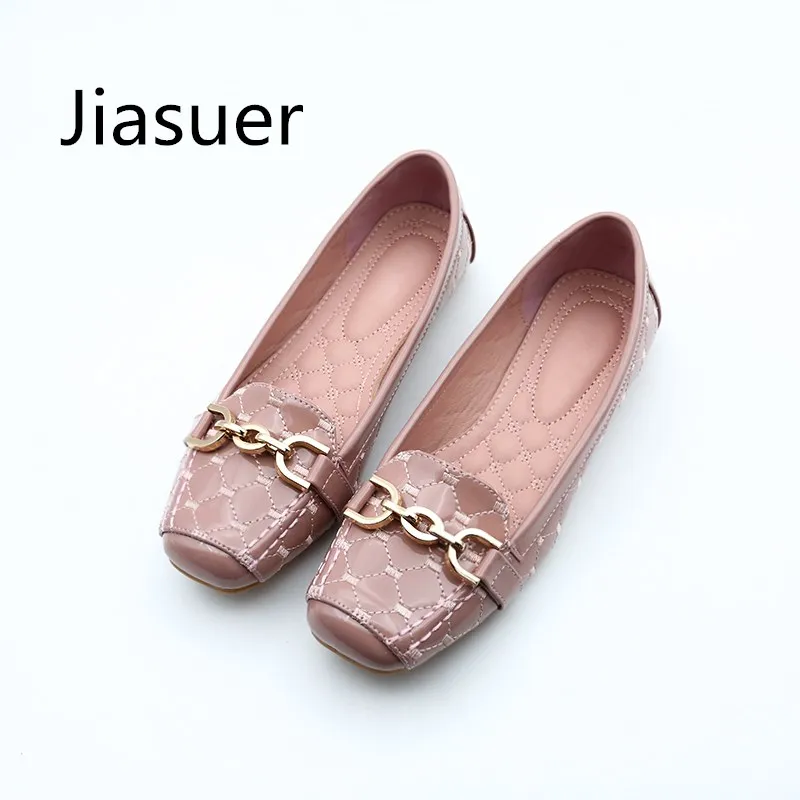 

Jiasuer Spring New Fashion Women Flat Shoes Patent Leather Casual Metal Buckle Square Toe Boat Shoes For Office Ladies
