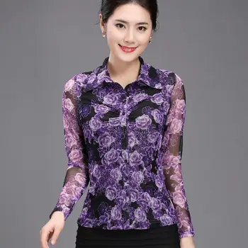 

Spring Fall Casual Womens Female Printed Floral Purple Full Sleeve Mesh Stretch Blouse , Woman 4XL Slim Flower Pattern Blouses