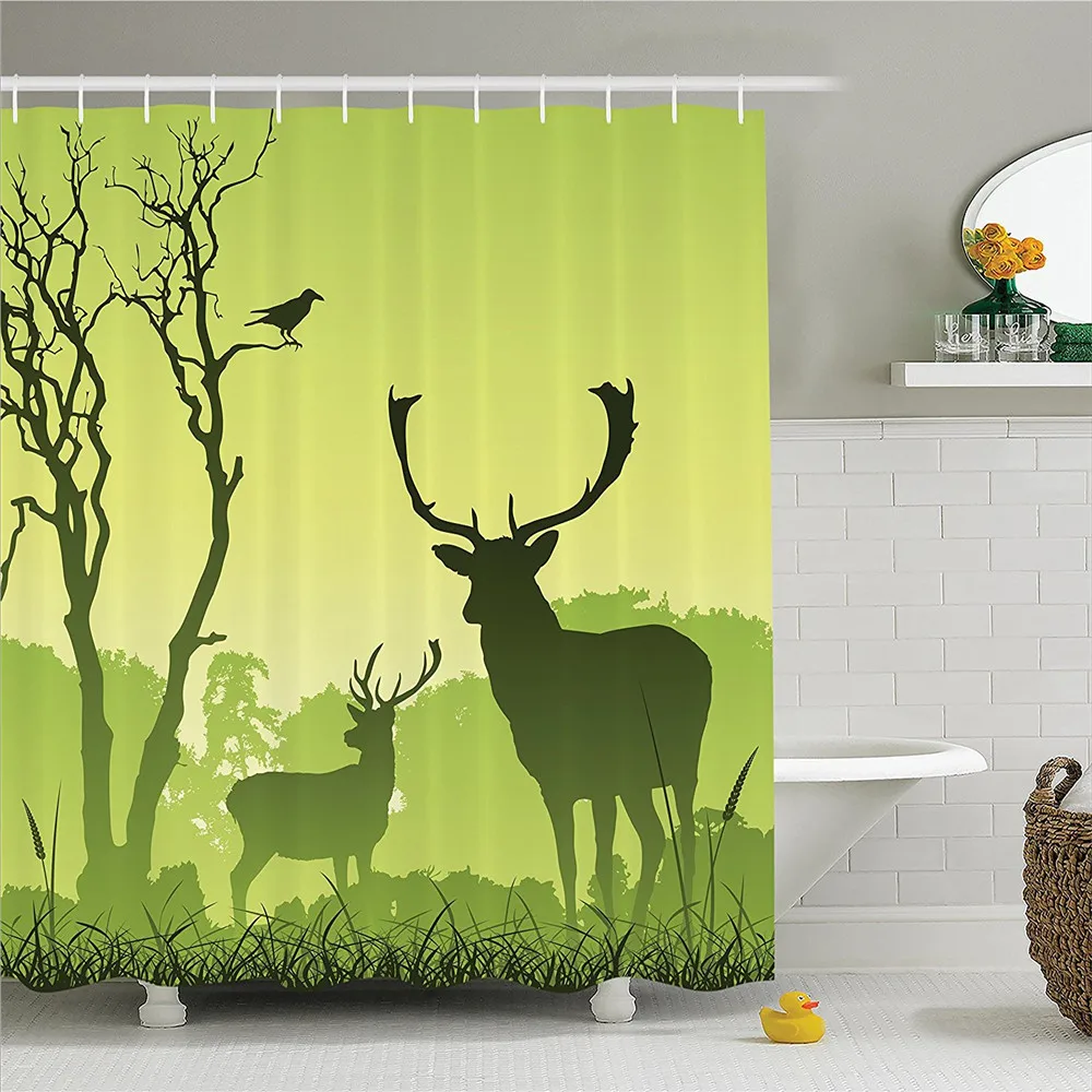 Antlers Decor Shower Curtain Set Male Deer On A Meadow With Trees And Crow Bird Woodland Mist Rural Green Country Bathroom | Дом и сад