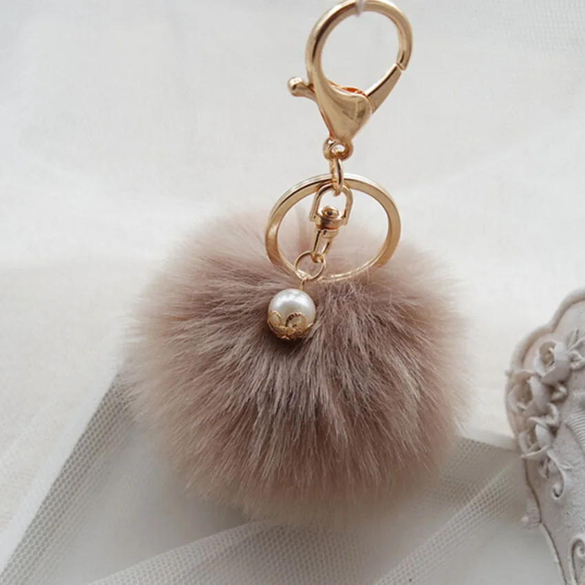 Gold Rabbit Fur Ball Keychain fur pom pom Keychain monchichi fur keyring porte clef Pearl Key Chain Charm navidad regalos