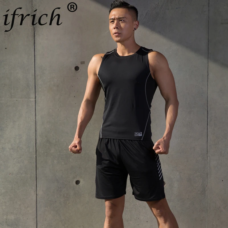 2 шт. сжатия быстросохнущая облегающий спортивный костюм для мужчин's Фитнес без рукавов черная рубашка брюки костюм мужской комплект