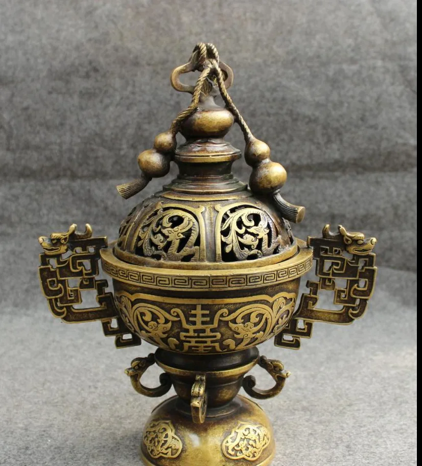 

hui88K855<<<12" Tibet Bronze Buddhist Longevity Dragon Statue Gourd Incense Burner Censer