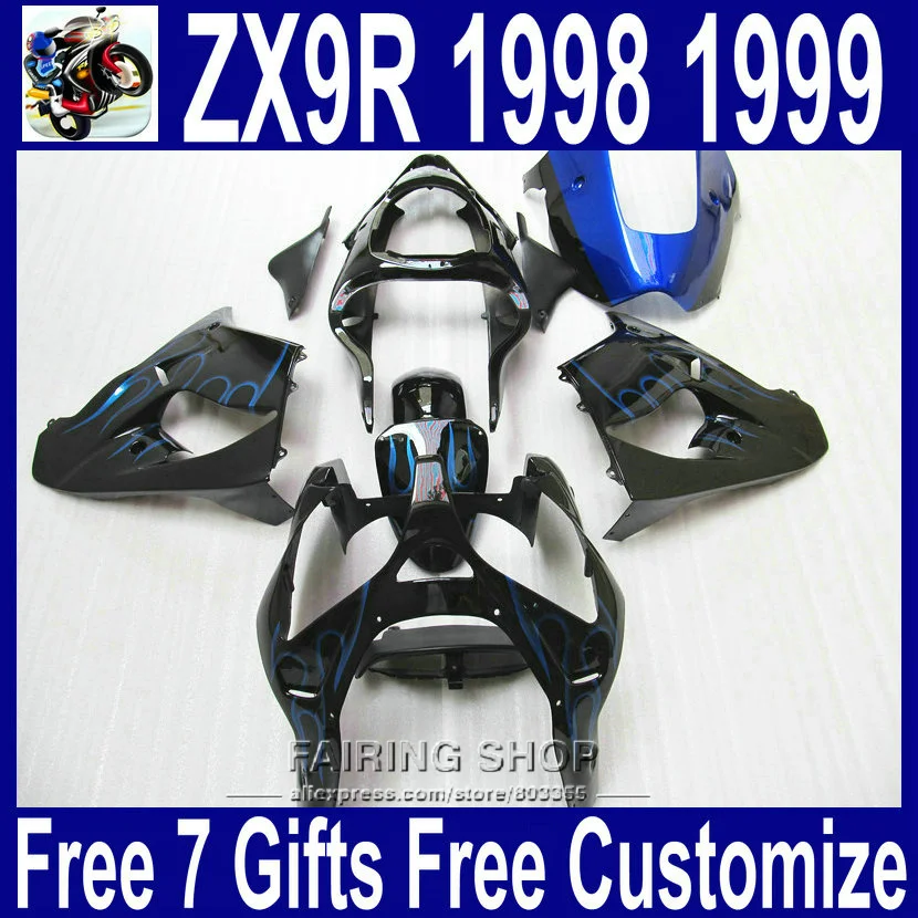 Высокое качество обтекатель комплект ZX9R 1998 1999 98 99 для Kawasaki ninja(Custmozie free Blue пламя) Abs Обтекатели xl21