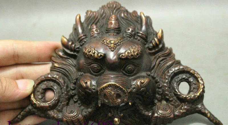 

7" Archaic Chinese Bronze Copper Yamantaka Head Mask Buddha Face Bull Ox Statue
