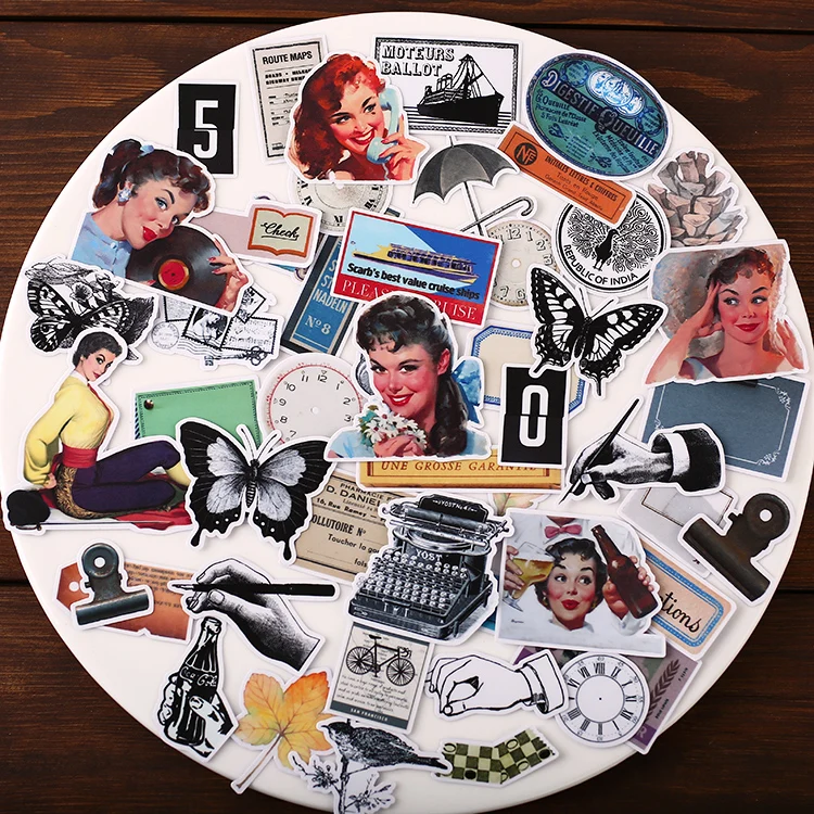 

52pcs Retro collage set Kids Fun Paper Stickers Homemade Bookkeeping Laptop / Decorative scrapbooking / DIY stickers Waterproof