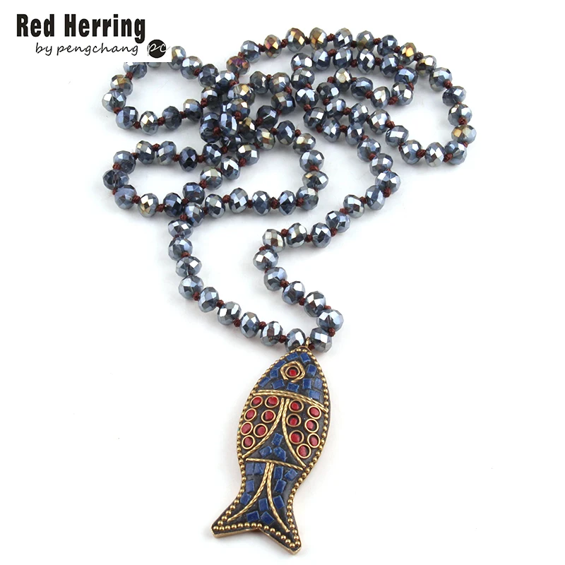 

Free Shipping Fashion Navy Long Crystal Glass Knotted Fish Pendant Necklaces For Bohemian Tribal Jewelry