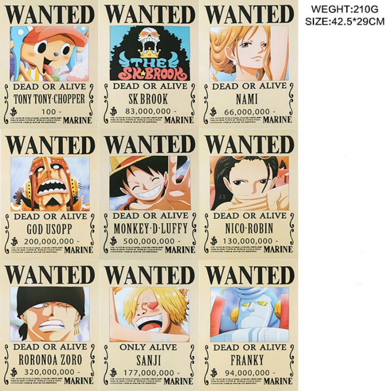 One Piece Wanted Poster X8 A3 Top Print Luffy Roronoa Nami Sanji Chopper Franky Home Decor Decor Decals Stickers Vinyl Art