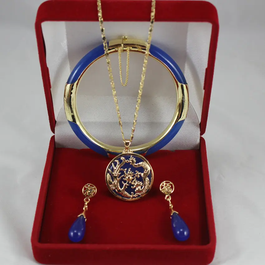 

hot sell new - 7.5' blue Jade bracelet, earings, and dragon inlay blue jade pendant jewelry sets for Christmas and valentine's