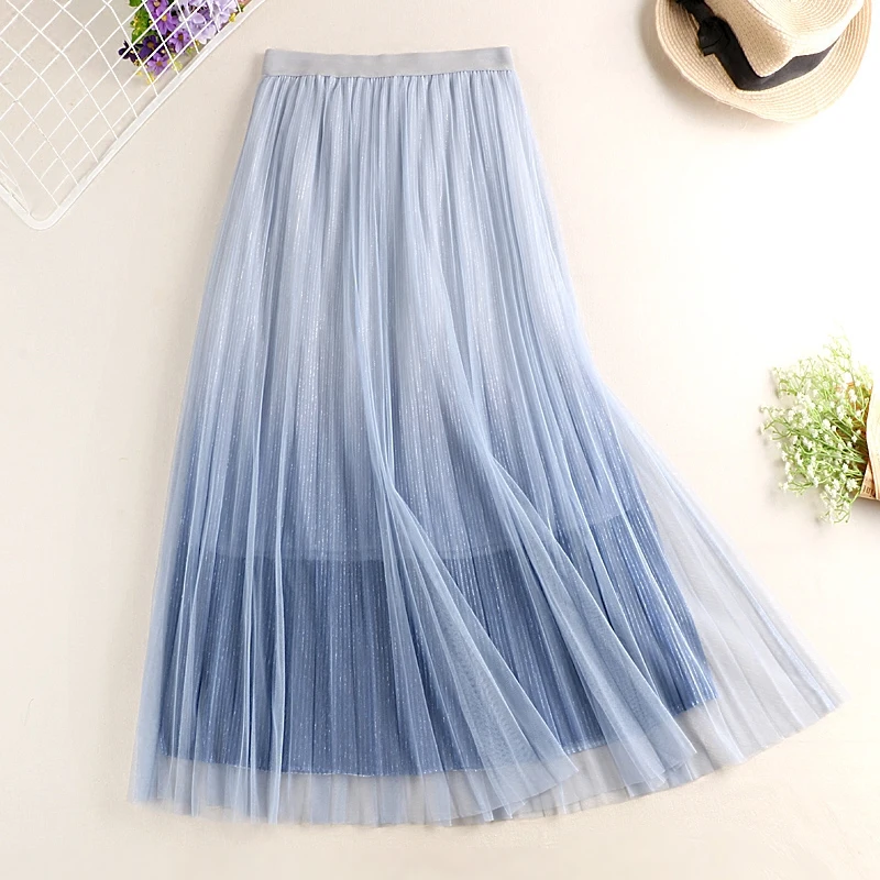Юбка с градиентом; сезон лето; яркая шелковистая сетка с высокой талией; Длинные юбки; плиссированная одежда; уличная одежда; элегантная Переливающаяся