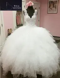 Vestido de noiva 2018 принцесса свадебное платье из фатина бальное платье бисера Кружева V шеи Многоуровневое Кот Свадебное платье