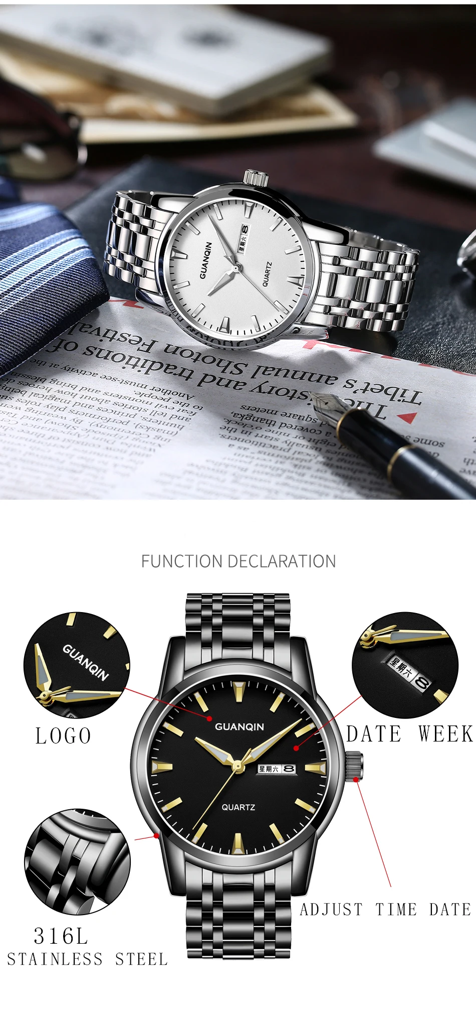 GUANQIN кварцевые часы для мужчин бизнес часы для мужчин s часы лучший бренд класса люкс часы для мужчин мужской водонепроницаемый Дата Неделя золото Relogio Masculino
